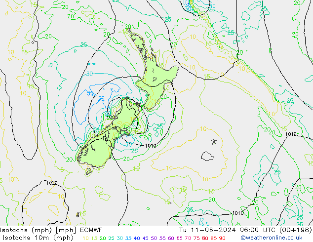 Isotachs (mph) ECMWF Út 11.06.2024 06 UTC