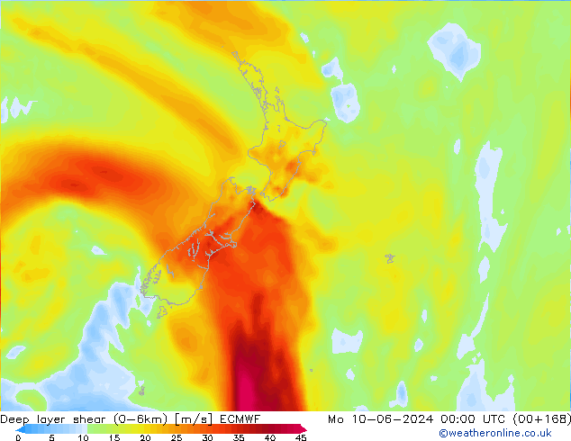 Deep layer shear (0-6km) ECMWF пн 10.06.2024 00 UTC