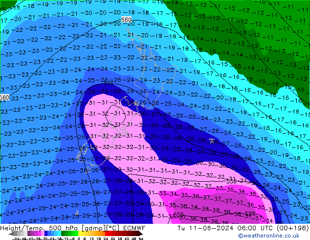 Z500/Rain (+SLP)/Z850 ECMWF Út 11.06.2024 06 UTC