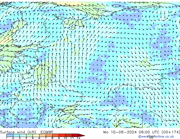 Surface wind (bft) ECMWF Mo 10.06.2024 06 UTC