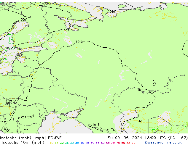 Isotachs (mph) ECMWF Вс 09.06.2024 18 UTC