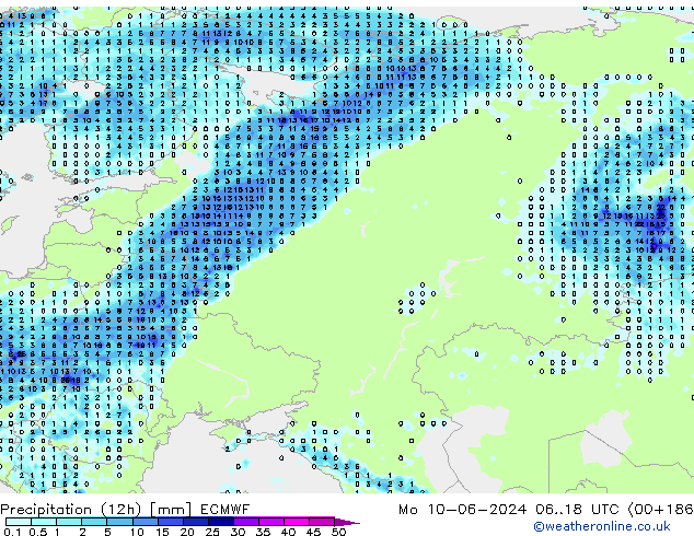 осадки (12h) ECMWF пн 10.06.2024 18 UTC