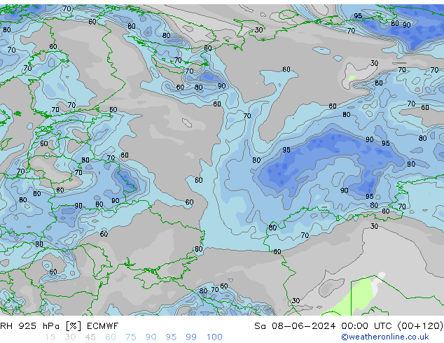 Humidité rel. 925 hPa ECMWF sam 08.06.2024 00 UTC