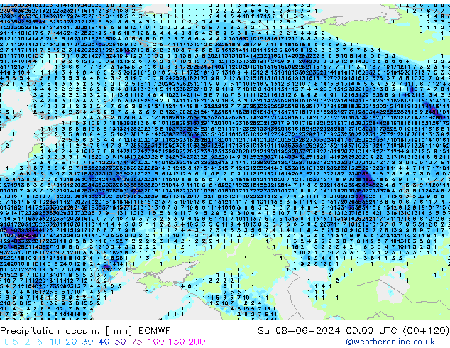 Precipitación acum. ECMWF sáb 08.06.2024 00 UTC