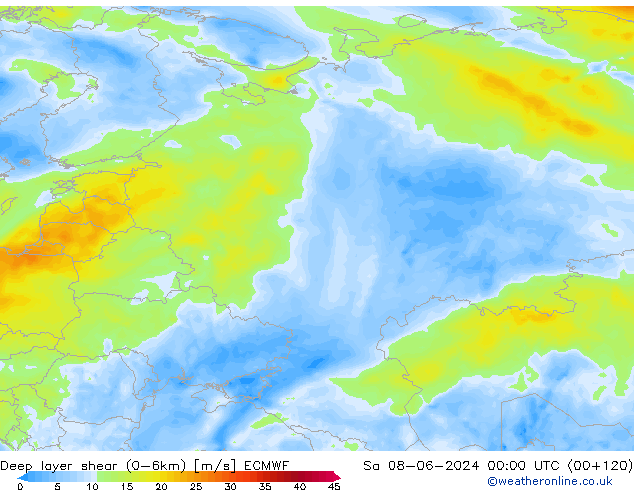 Deep layer shear (0-6km) ECMWF Sa 08.06.2024 00 UTC