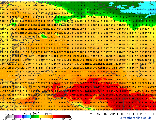 Temperaturkarte (2m) ECMWF Mi 05.06.2024 18 UTC