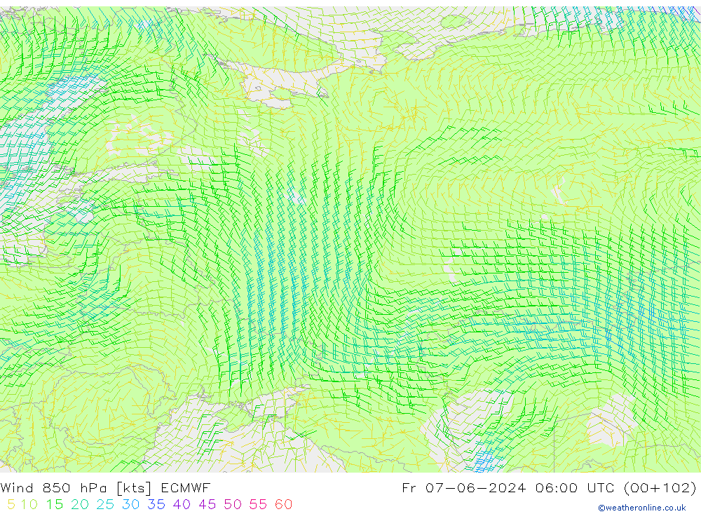 Wind 850 hPa ECMWF Pá 07.06.2024 06 UTC