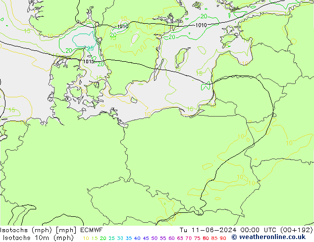 Isotachs (mph) ECMWF Út 11.06.2024 00 UTC