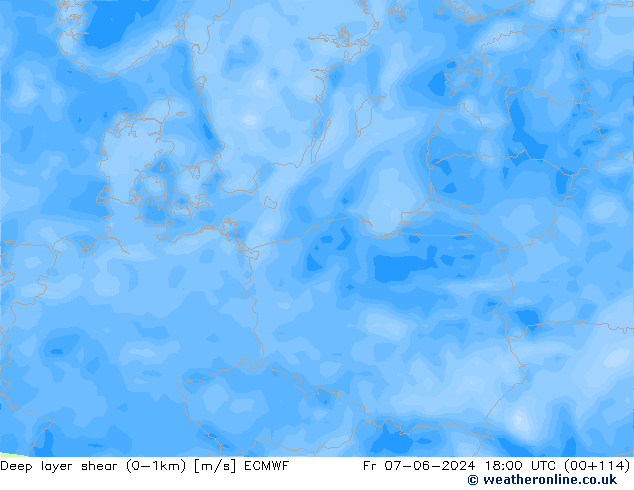 Deep layer shear (0-1km) ECMWF vr 07.06.2024 18 UTC