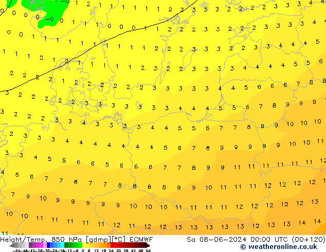 Height/Temp. 850 hPa ECMWF Sa 08.06.2024 00 UTC