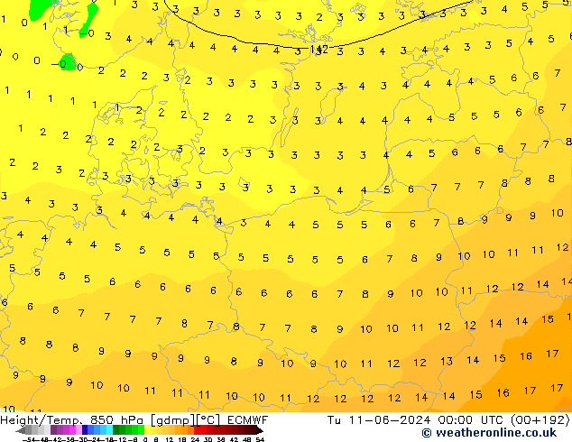 Z500/Rain (+SLP)/Z850 ECMWF Tu 11.06.2024 00 UTC