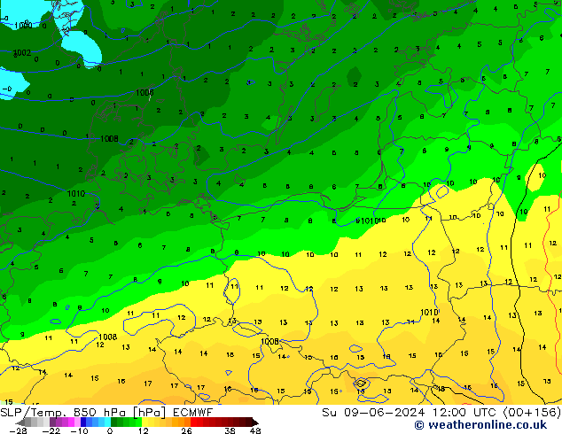 SLP/Temp. 850 hPa ECMWF dom 09.06.2024 12 UTC