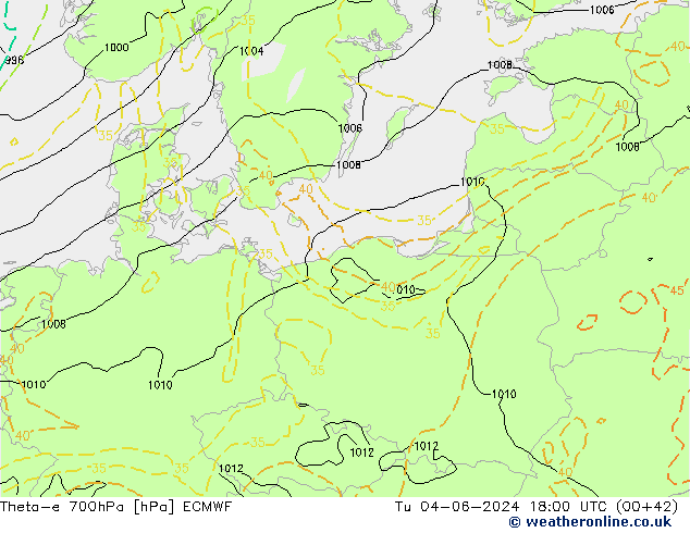 Theta-e 700hPa ECMWF Di 04.06.2024 18 UTC