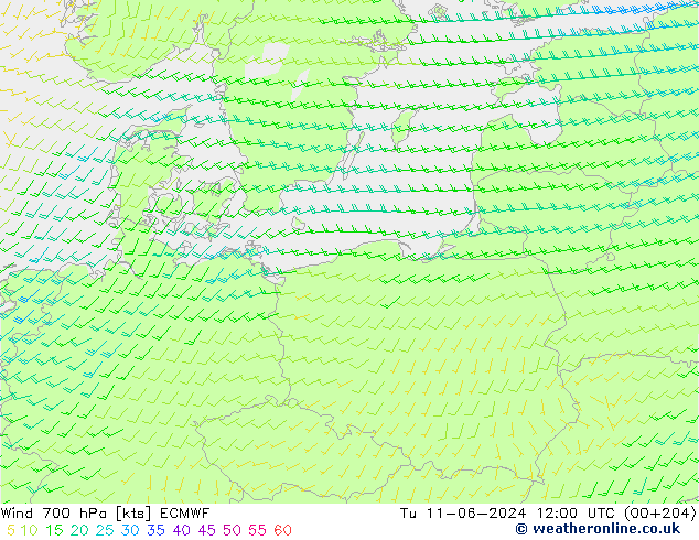 Vento 700 hPa ECMWF mar 11.06.2024 12 UTC