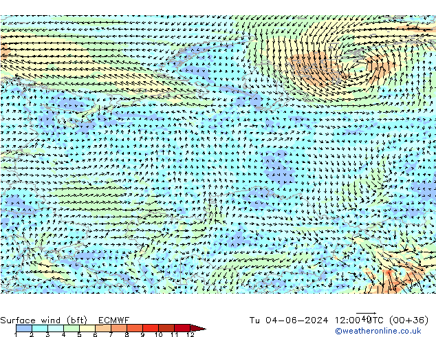 Vent 10 m (bft) ECMWF mar 04.06.2024 12 UTC