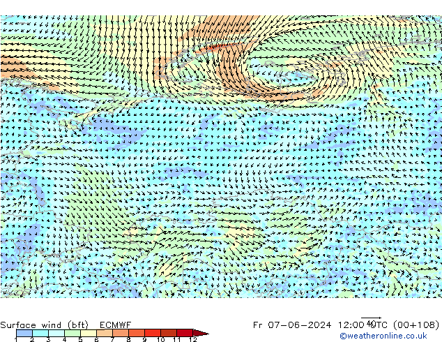 Viento 10 m (bft) ECMWF vie 07.06.2024 12 UTC