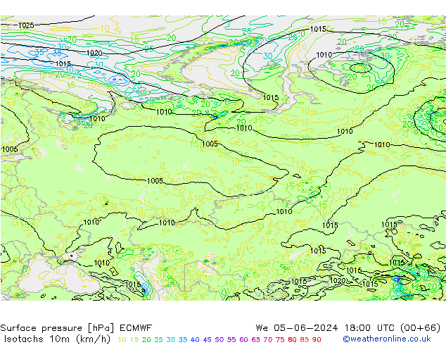 Isotachs (kph) ECMWF  05.06.2024 18 UTC