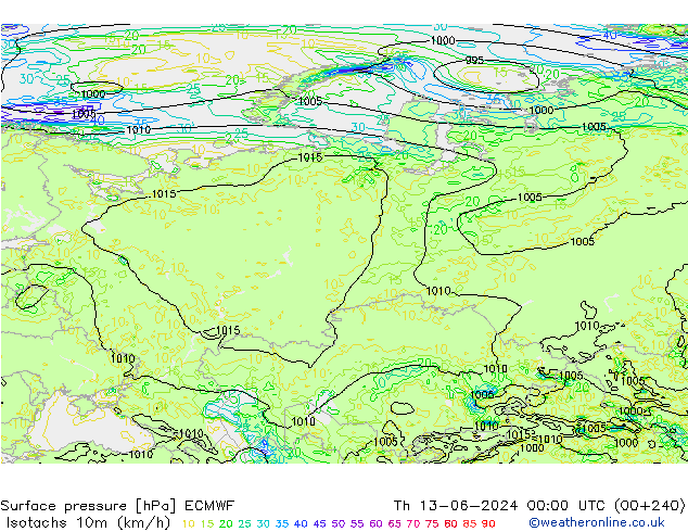 Isotachs (kph) ECMWF  13.06.2024 00 UTC
