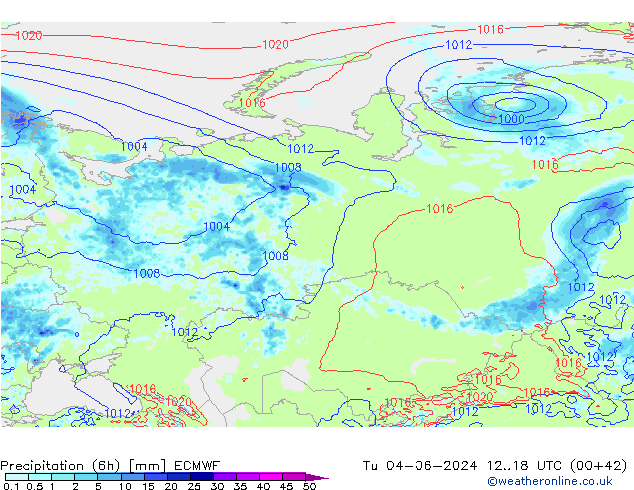 Precipitation (6h) ECMWF Tu 04.06.2024 18 UTC