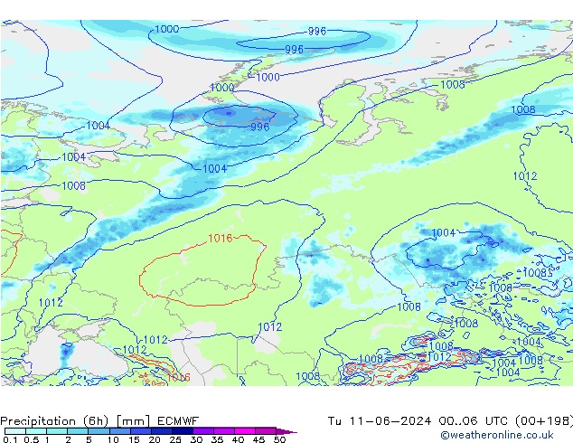 Precipitation (6h) ECMWF Tu 11.06.2024 06 UTC