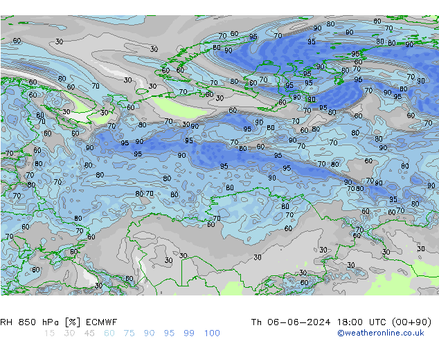 RH 850 hPa ECMWF czw. 06.06.2024 18 UTC