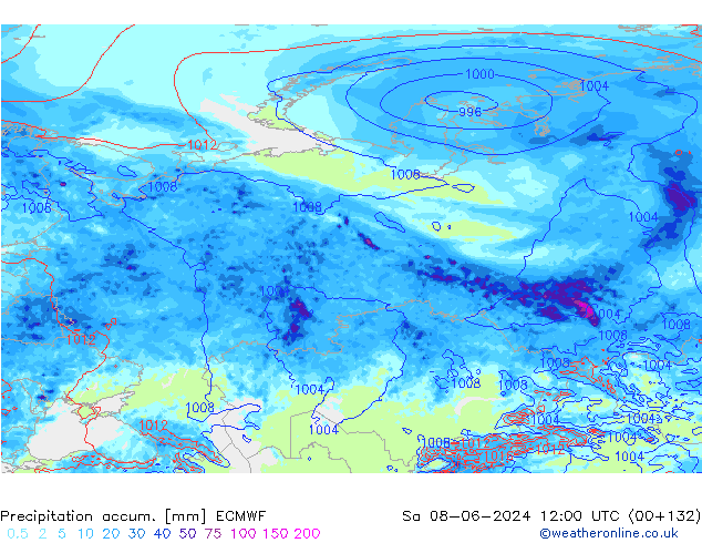 Precipitation accum. ECMWF Sa 08.06.2024 12 UTC
