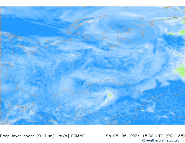 Deep layer shear (0-1km) ECMWF za 08.06.2024 18 UTC