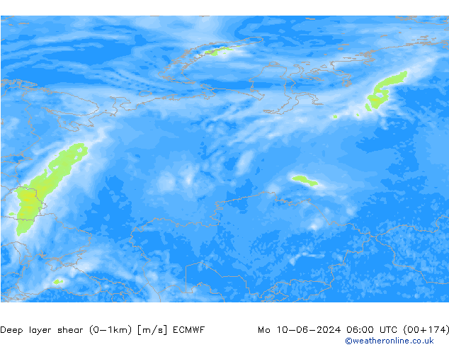 Deep layer shear (0-1km) ECMWF Pzt 10.06.2024 06 UTC