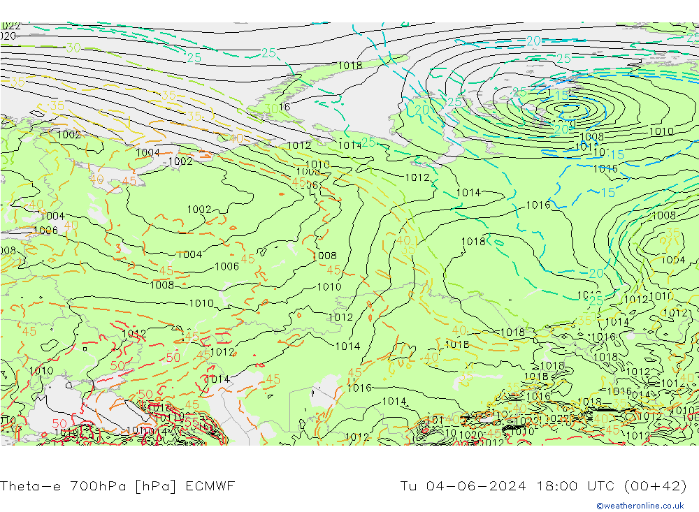 Theta-e 700hPa ECMWF Sa 04.06.2024 18 UTC