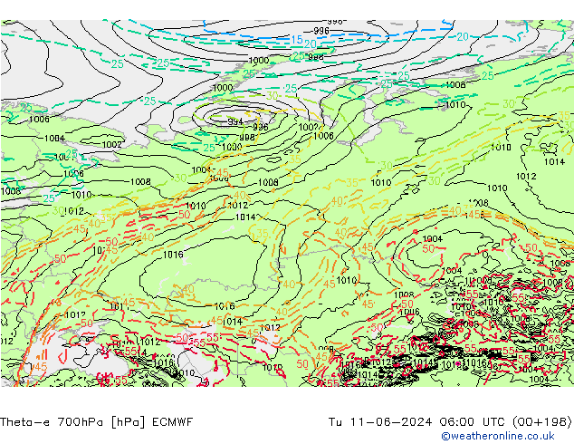 Theta-e 700hPa ECMWF wto. 11.06.2024 06 UTC