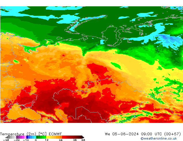 mapa temperatury (2m) ECMWF śro. 05.06.2024 09 UTC