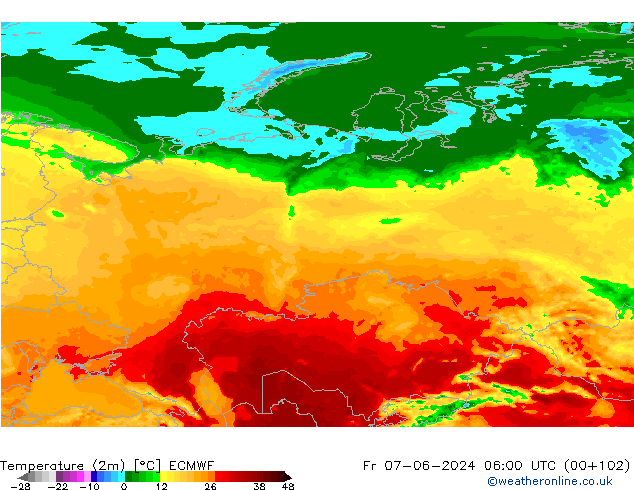 Temperature (2m) ECMWF Fr 07.06.2024 06 UTC