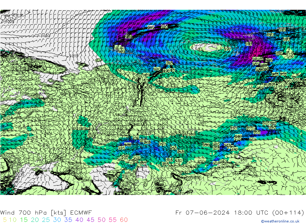 Vento 700 hPa ECMWF ven 07.06.2024 18 UTC