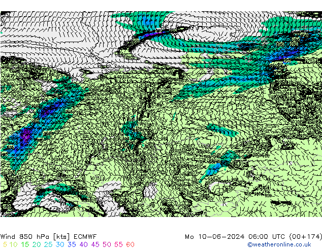 Wind 850 hPa ECMWF Mo 10.06.2024 06 UTC