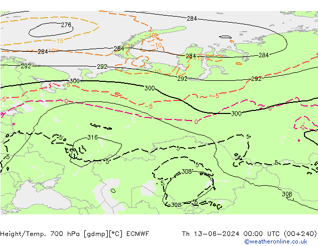 Height/Temp. 700 hPa ECMWF gio 13.06.2024 00 UTC