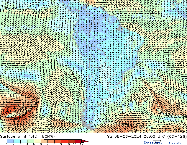 Surface wind (bft) ECMWF Sa 08.06.2024 06 UTC