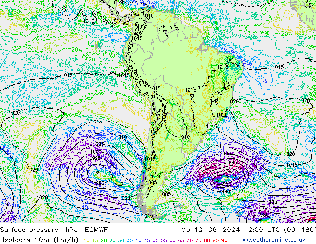 Isotachen (km/h) ECMWF ma 10.06.2024 12 UTC