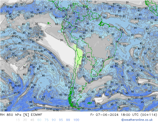 RH 850 гПа ECMWF пт 07.06.2024 18 UTC