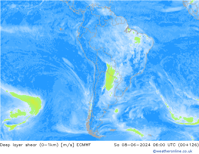 Deep layer shear (0-1km) ECMWF сб 08.06.2024 06 UTC