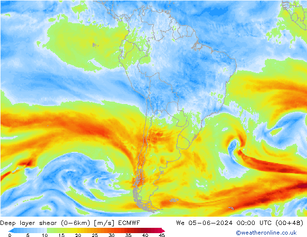 Deep layer shear (0-6km) ECMWF  05.06.2024 00 UTC