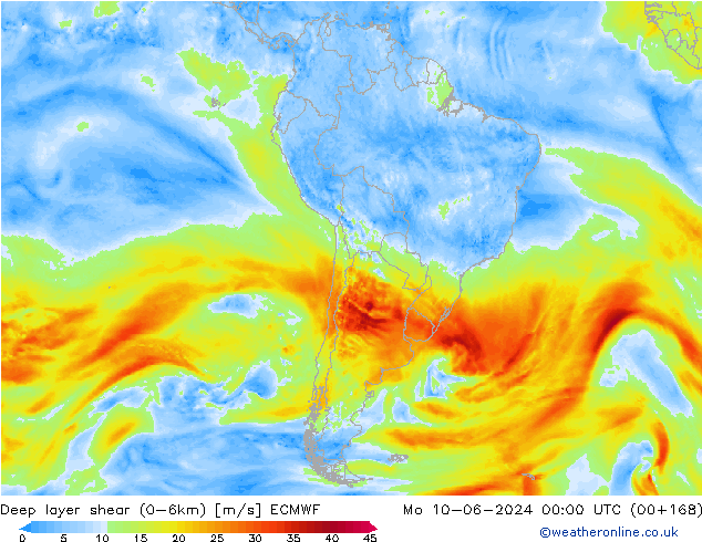 Deep layer shear (0-6km) ECMWF Mo 10.06.2024 00 UTC