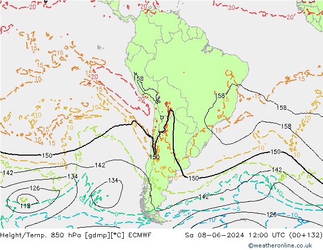 Height/Temp. 850 hPa ECMWF Sa 08.06.2024 12 UTC