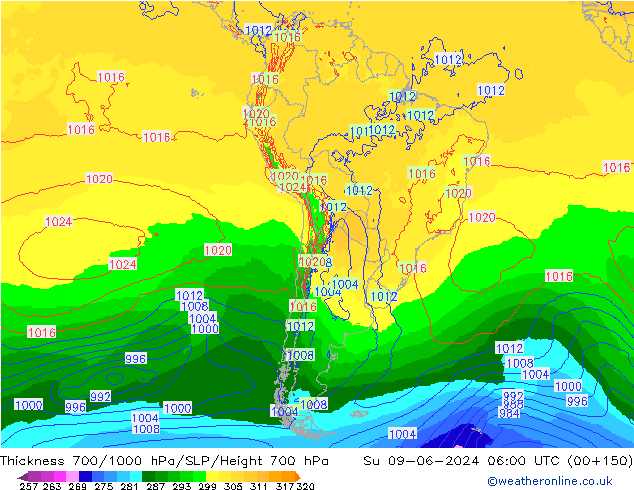 Espesor 700-1000 hPa ECMWF dom 09.06.2024 06 UTC