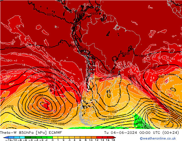 Theta-W 850гПа ECMWF вт 04.06.2024 00 UTC