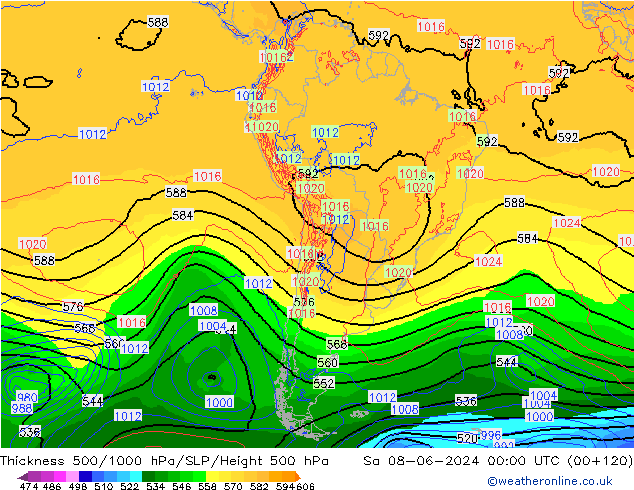 Espesor 500-1000 hPa ECMWF sáb 08.06.2024 00 UTC