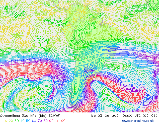 Streamlines 300 hPa ECMWF Po 03.06.2024 06 UTC