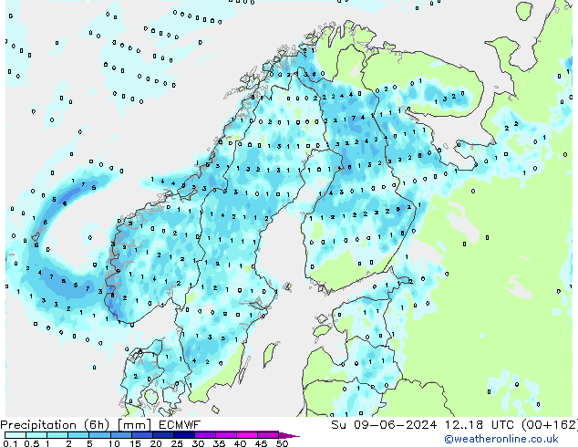 Precipitación (6h) ECMWF dom 09.06.2024 18 UTC