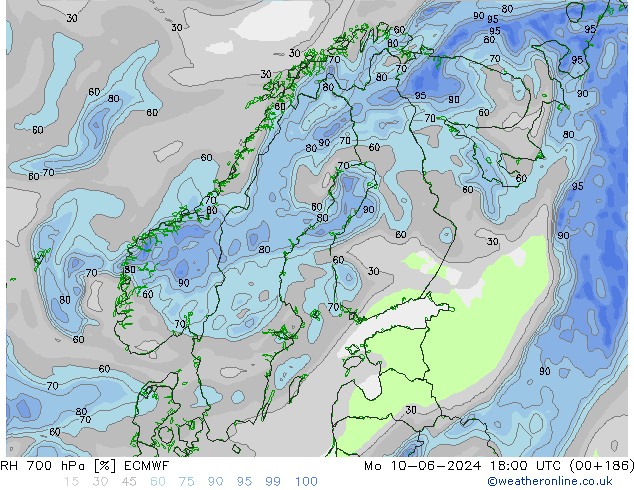 RH 700 hPa ECMWF Po 10.06.2024 18 UTC