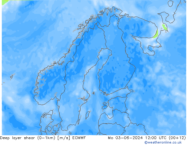 Deep layer shear (0-1km) ECMWF Mo 03.06.2024 12 UTC