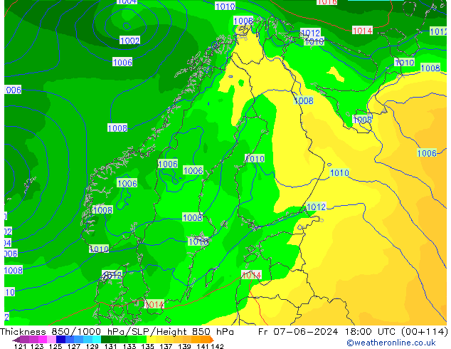 Espesor 850-1000 hPa ECMWF vie 07.06.2024 18 UTC